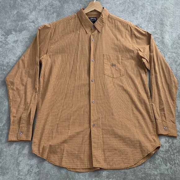 Stussy Shirt Mens Large Button Up Orange Long Sleeve Plaid Check Skater Pocket - Picture 1 of 10